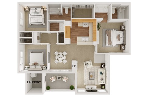 Floor plan for 3 beds, 2 baths, 1239 sqft